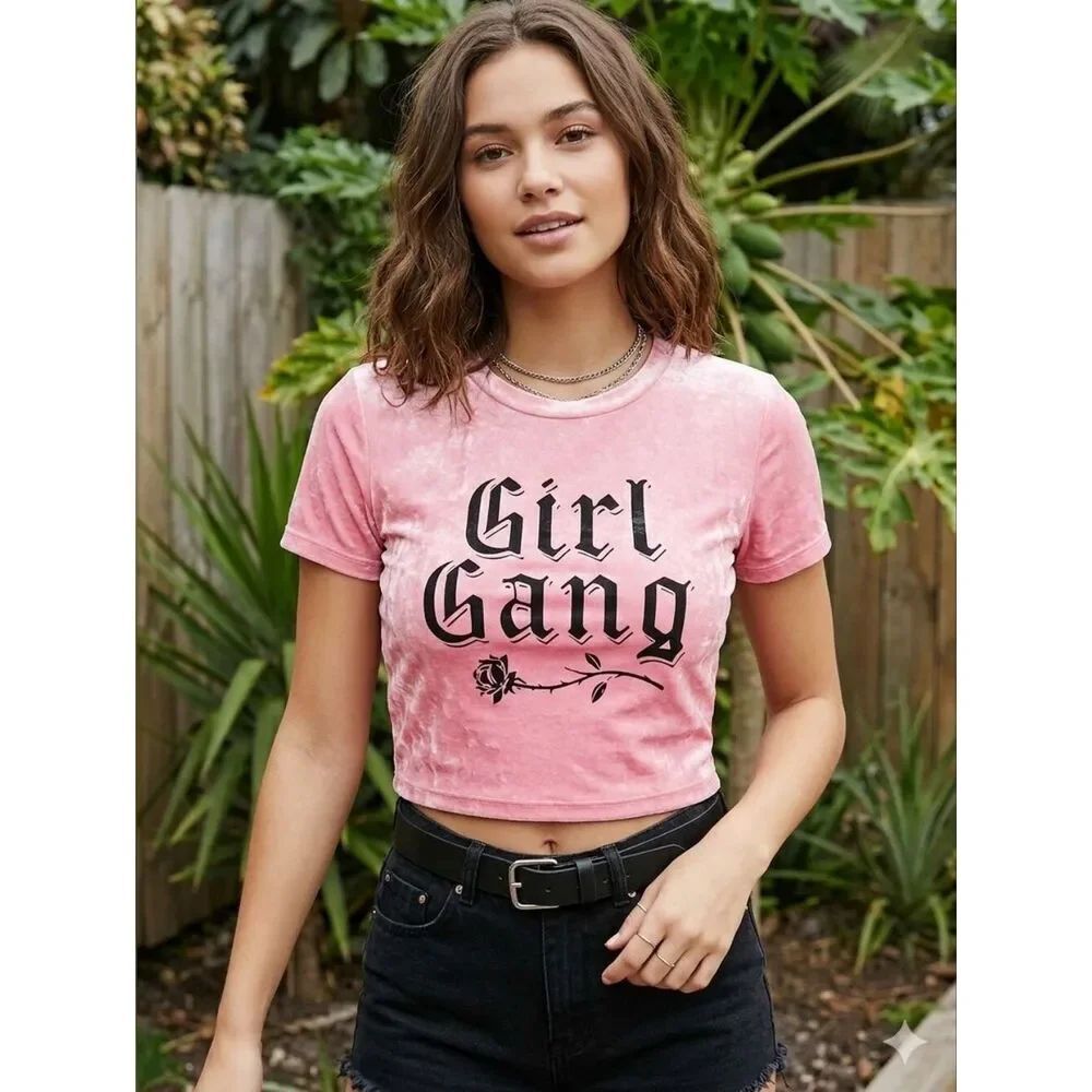 Forever 21 "Girl Gang" Velvet Baby Tee - Size